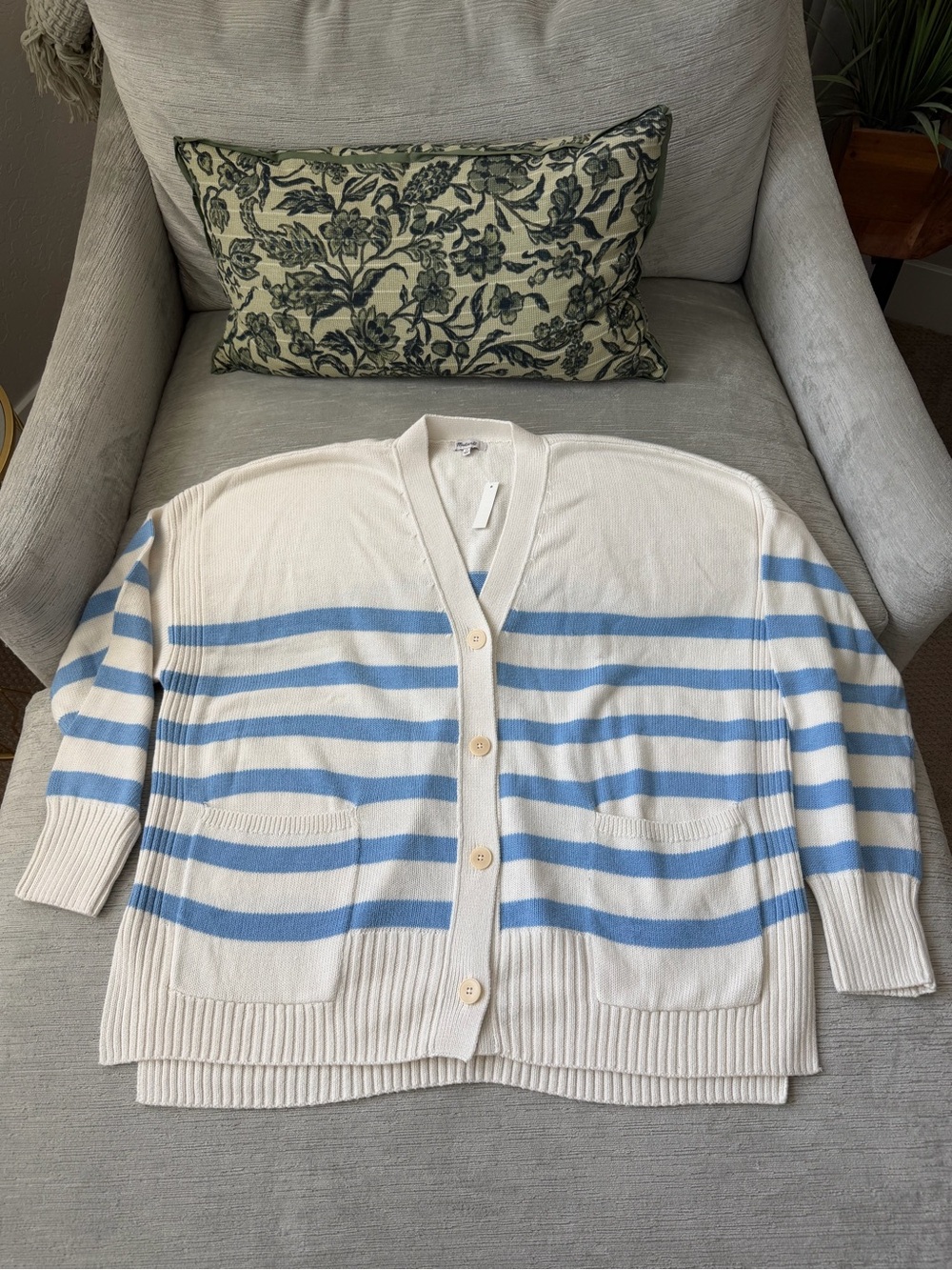 Madewell Striped Cardigan Sweater 2X Coastal Blue White NWT